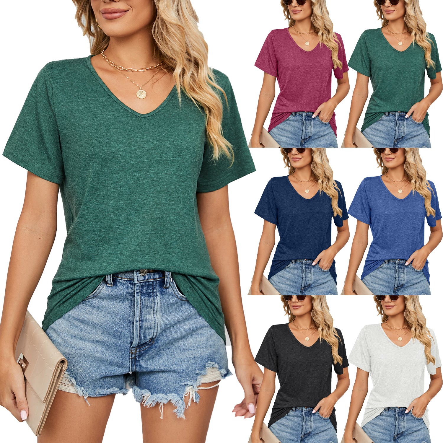 Women's Short-sleeved V-neck Pleated Solid Color Loose-fitting Blouses