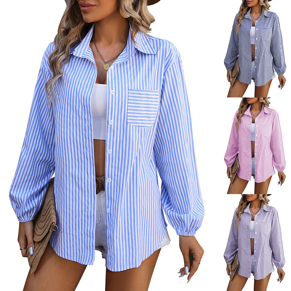 Women's Loose Commute Leisure Long Sleeve Striped Blouses