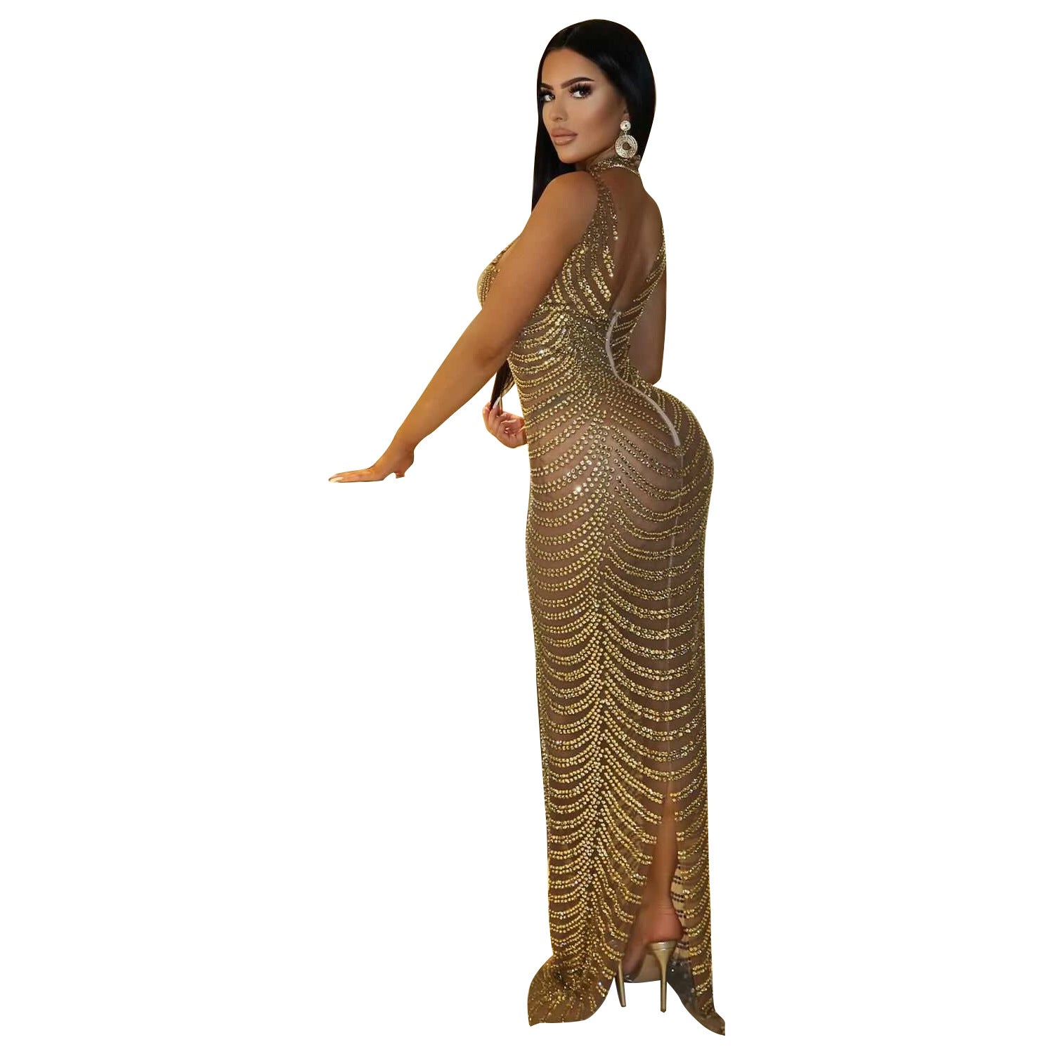 Women's Summer Sexy Mesh Nightclub Rhinestone Dress Dresses