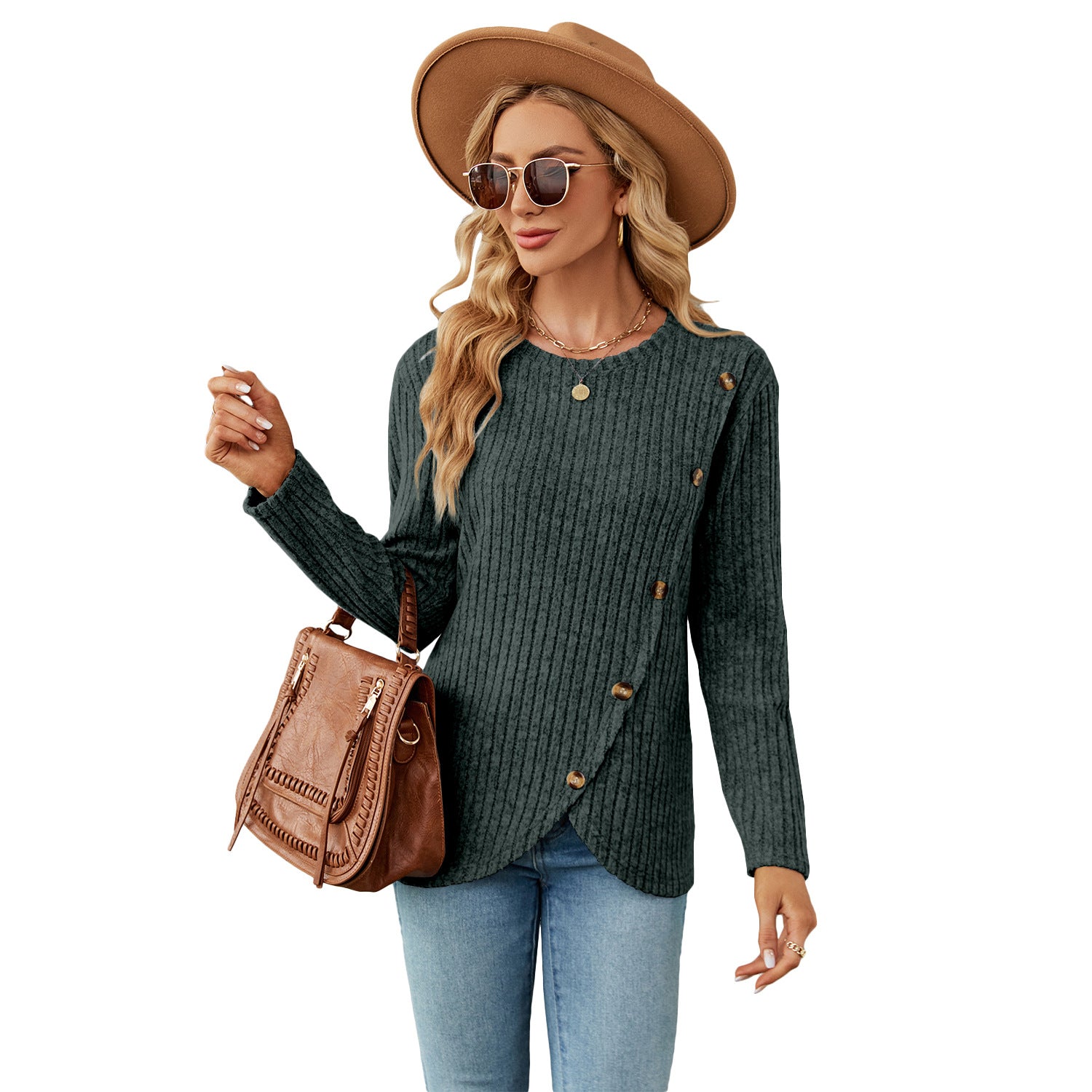 Long Sleeve Round Neck Tulip Hem Blouses