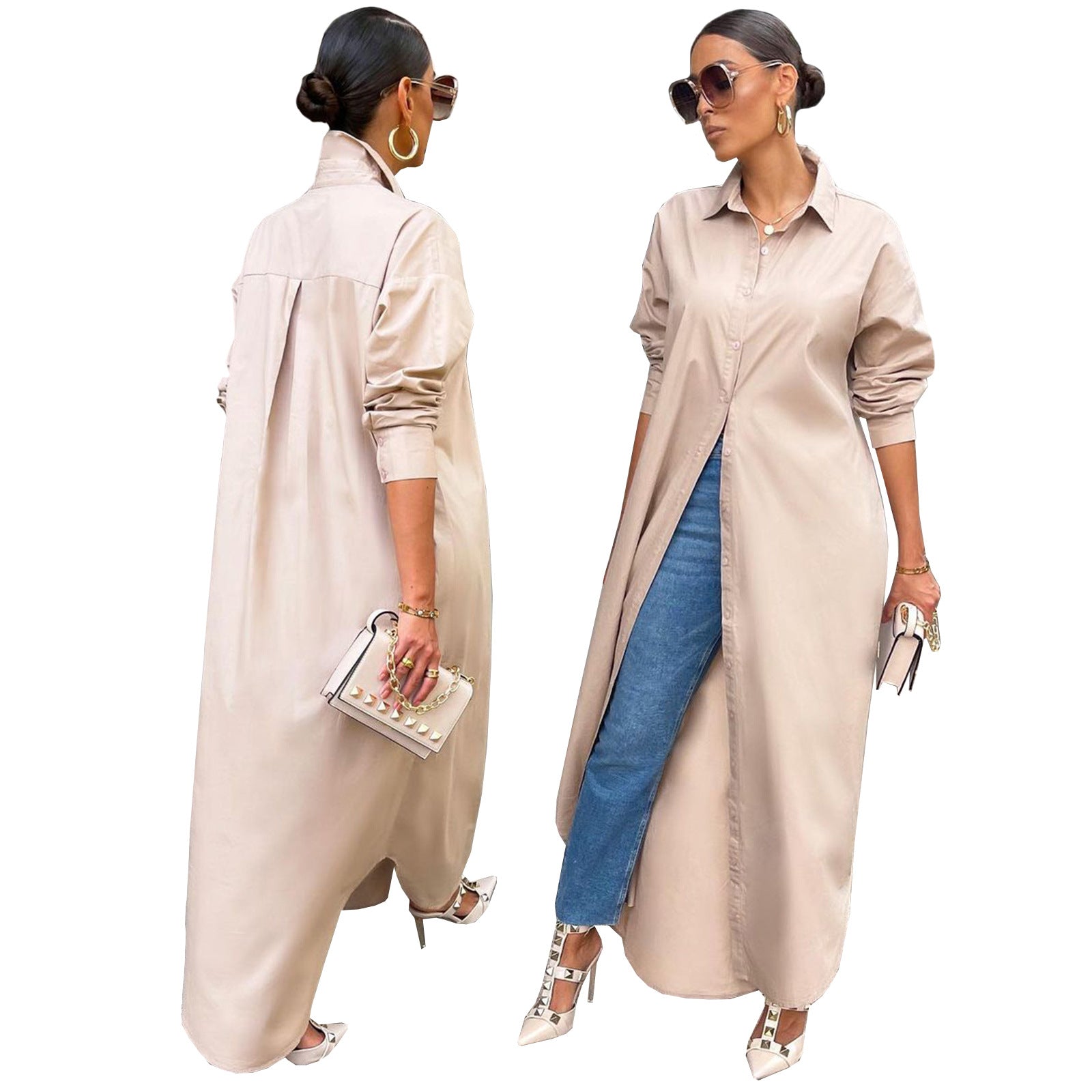 Women's Fashion Casual Solid Color Long Shirt Coats