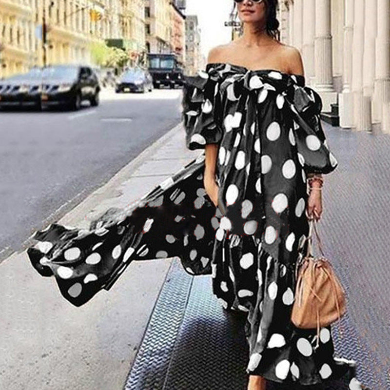 Women's Off Shoulder Polka Dot Bohemian Maxi Dresses