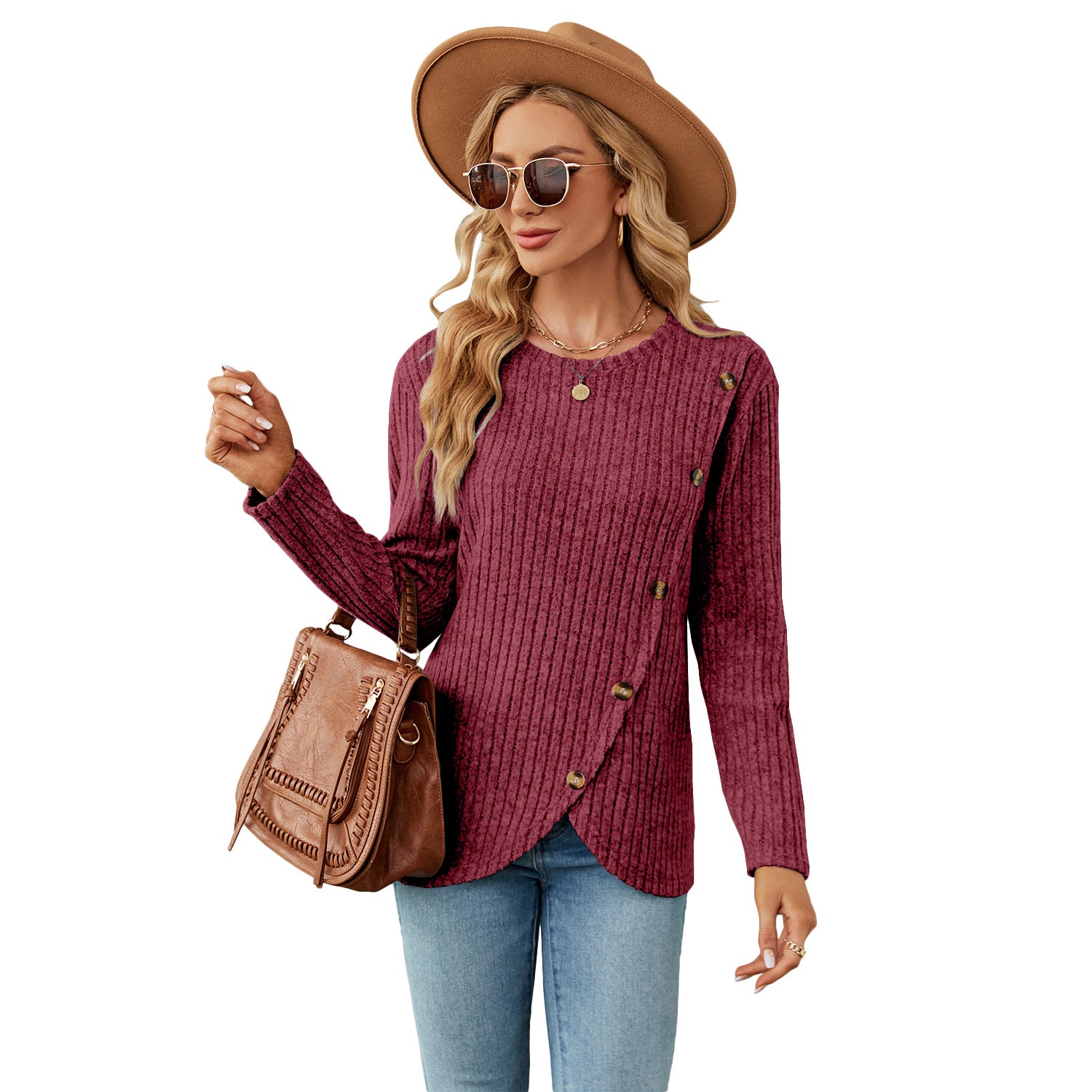 Long Sleeve Round Neck Tulip Hem Blouses