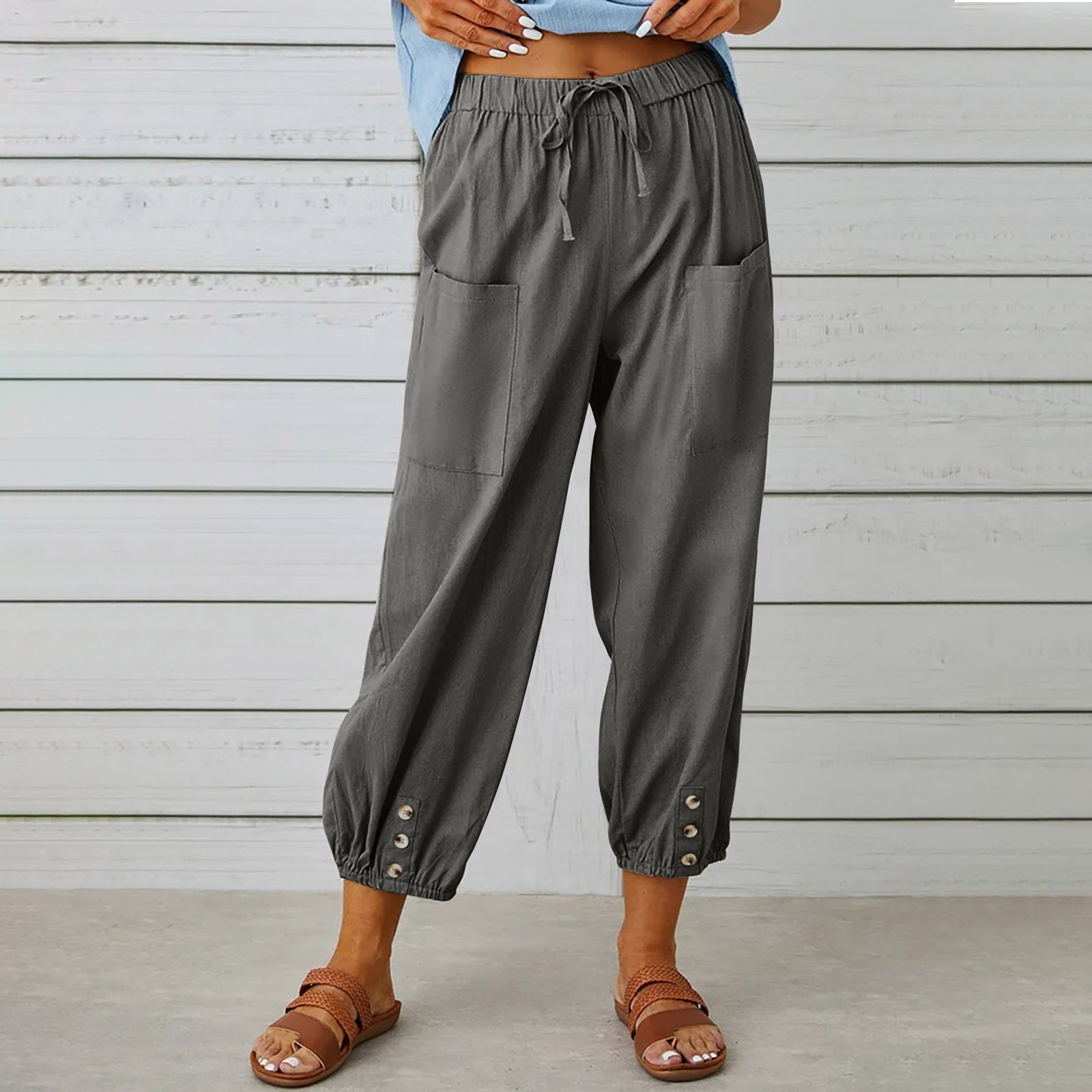 Women's Loose High Waist Button Cotton And Linen Trousers Cropped Pants