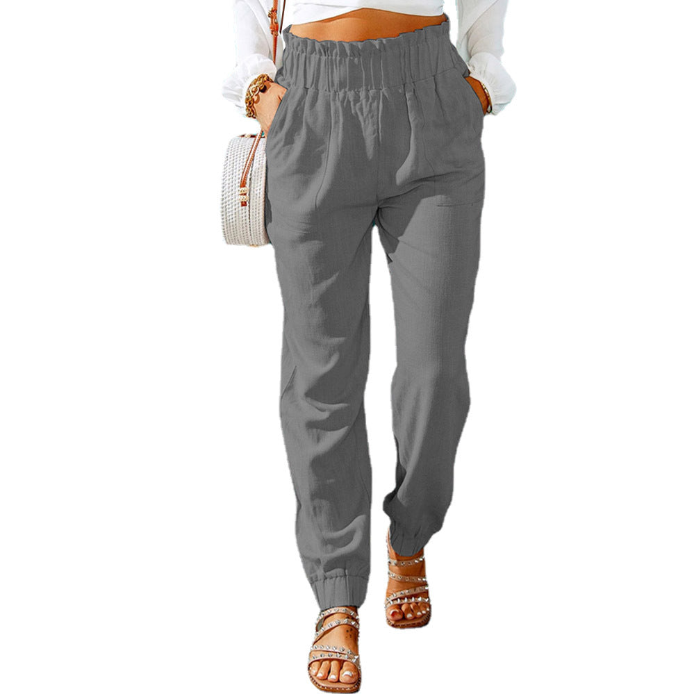 Women's Spring Ruffled Elastic Waist Belt High-waisted Pants