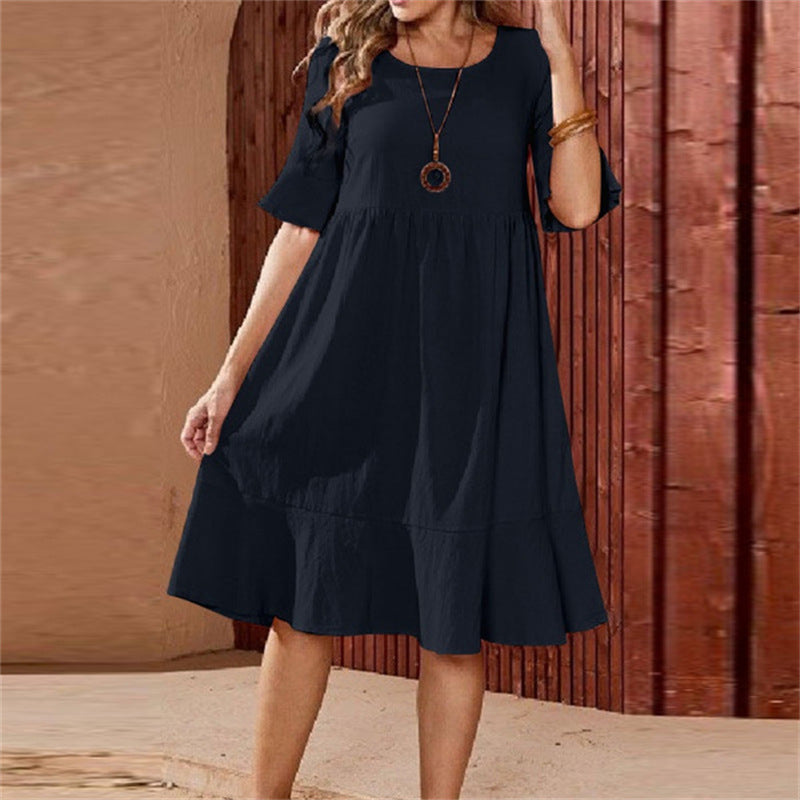 Women's Solid Color Loose Pleated Round Neck Dresses