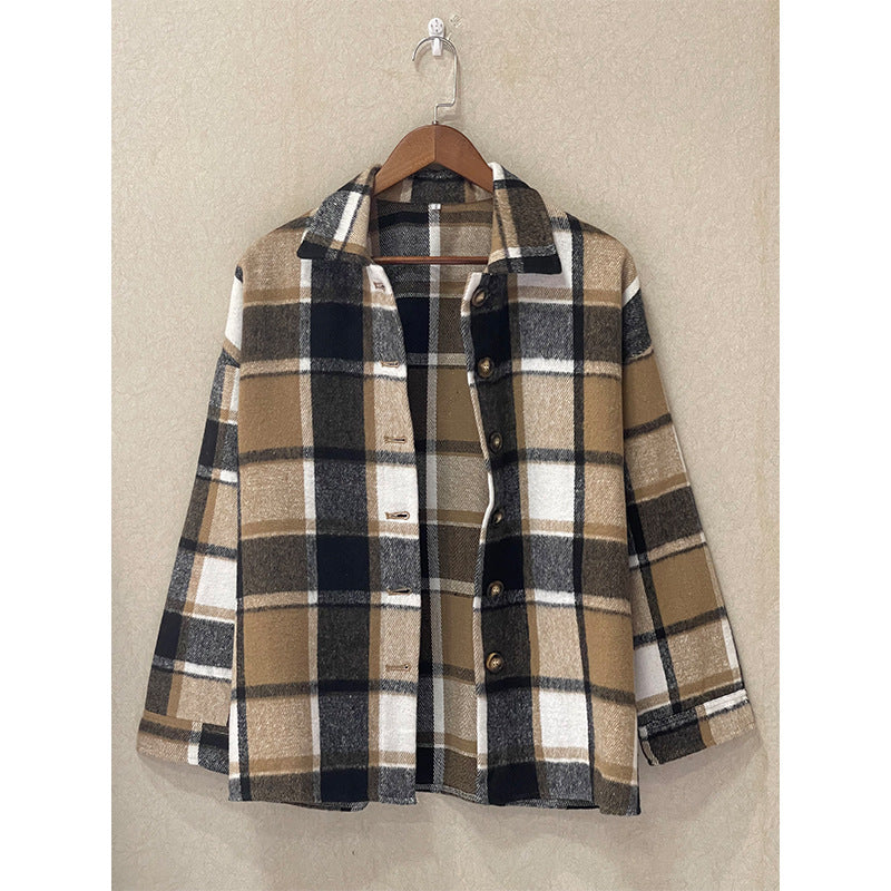 Women's Long Sleeve Loose Plaid Shirt Mid-length Coats