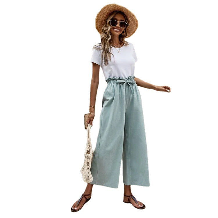 Women's Waist Solid Color Cotton Linen Belt Wide-leg Pants