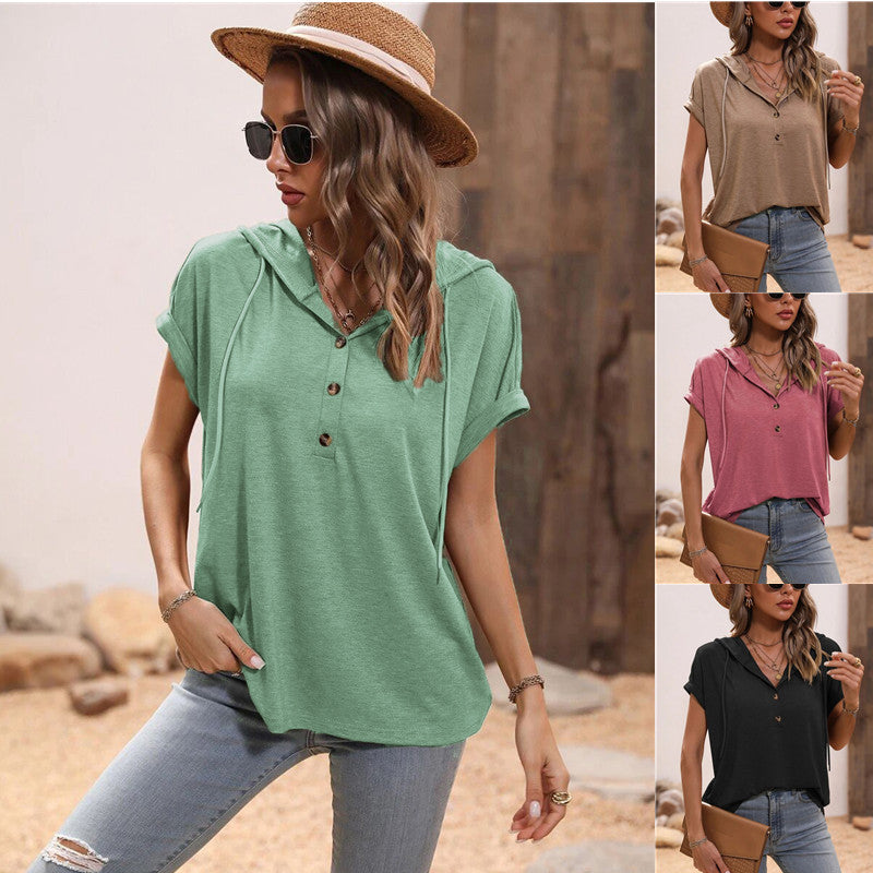 Women's Summer Loose Hooded Button Sleeve T-shirt Blouses