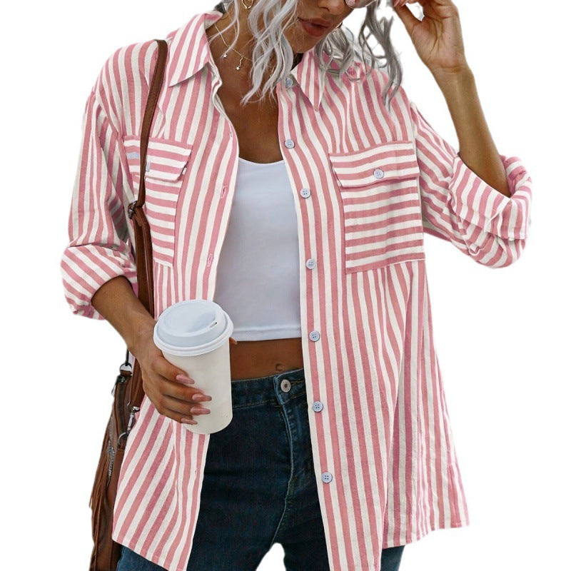 Women's Striped Shirt Lapel Long Sleeve Blouses