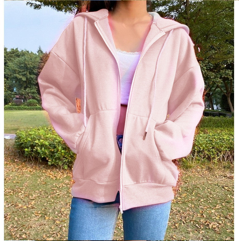 Women's Solid Color Hooded Fleece-lined Long-sleeved Loose Coats