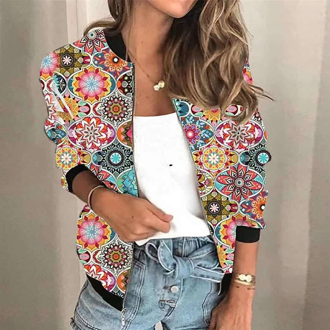 Women's Autumn Retro Casual Digital Printing Zipper Coats