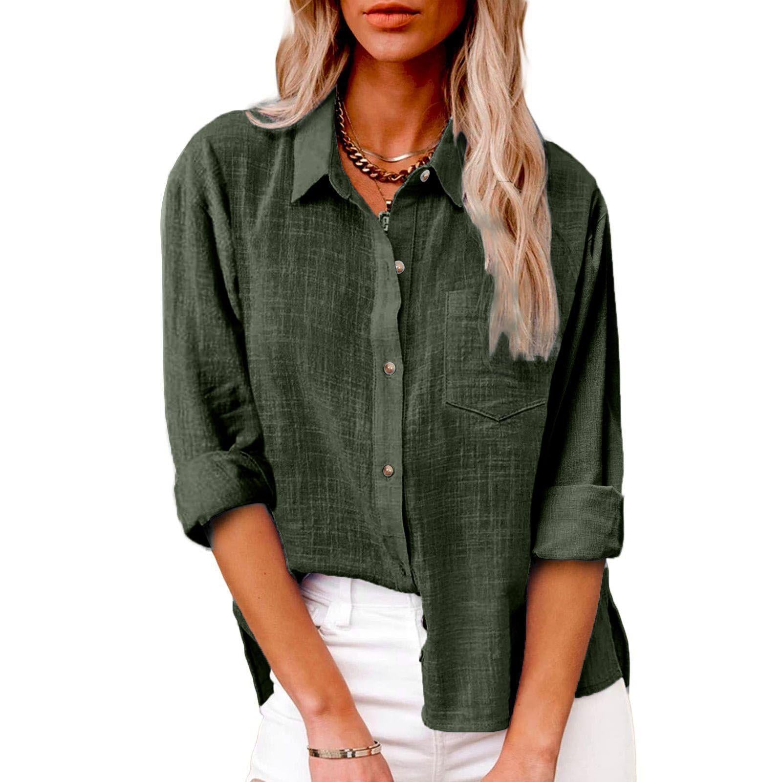 Women's Autumn Pocket Split Linen Long-sleeved Blouses