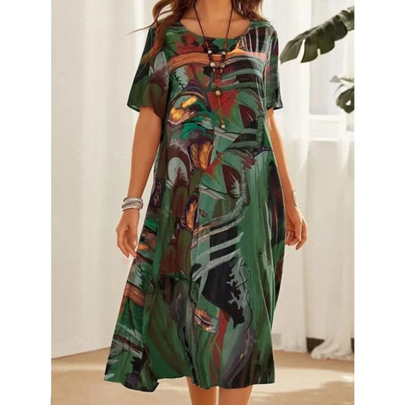 Printing Summer Sleeve Loose Round Neck Dresses