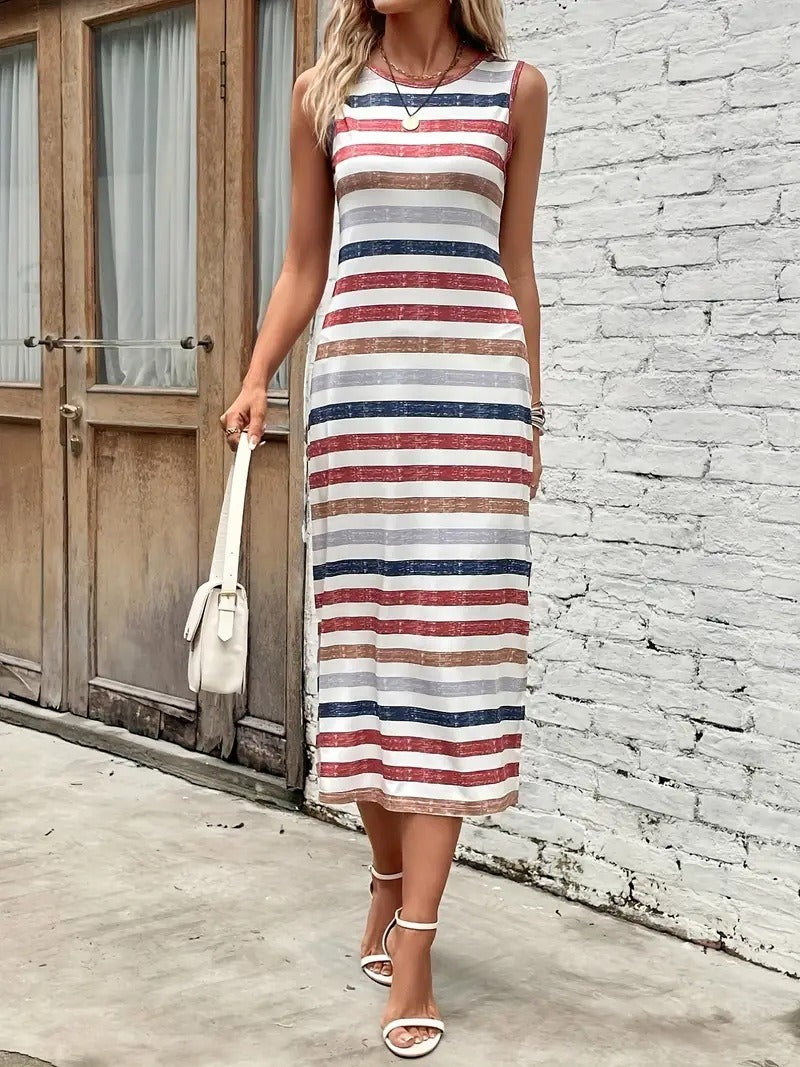 Women's Sleeveless Striped Casual Slit Dress Dresses