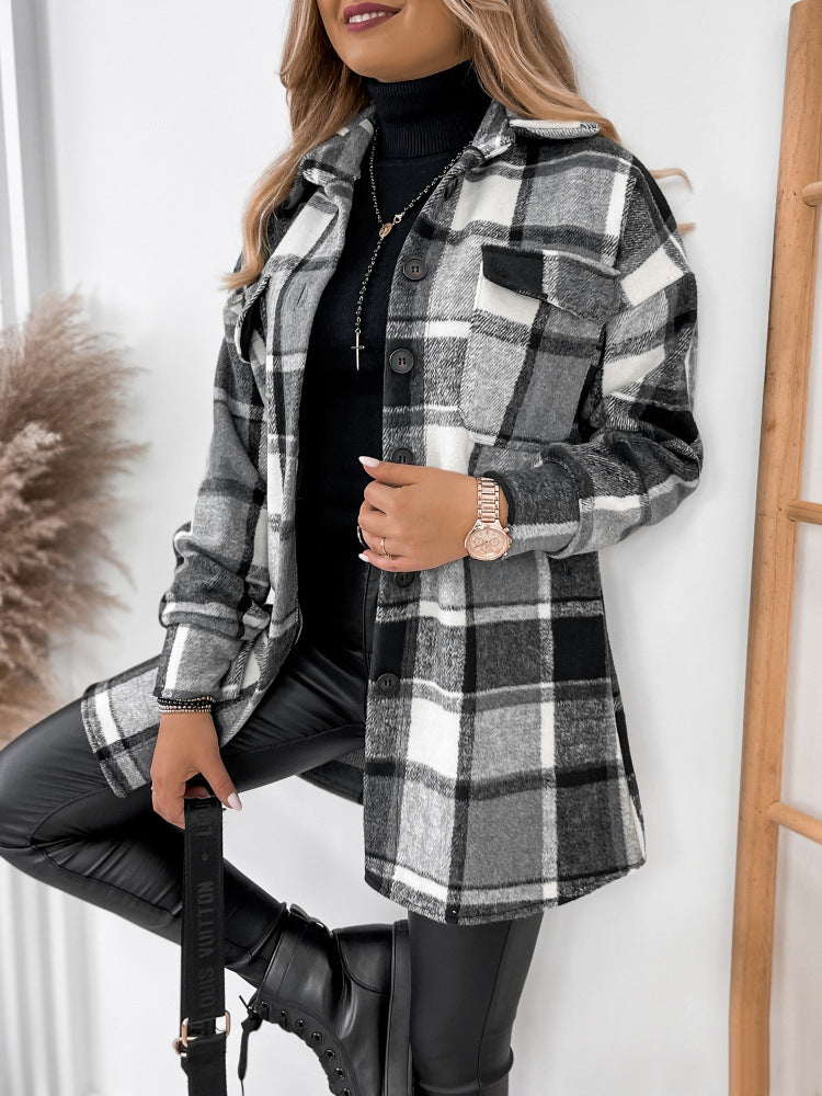 Long Sleeve Single-breasted Plaid Printed Collar Coats