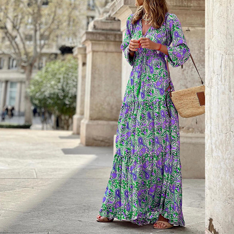 Women's Spring Elegant V-neck Bohemian Printed Large Dresses