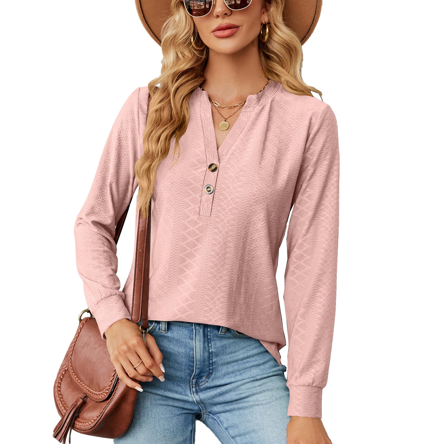 Women's And Button Jacquard Loose-fitting Long Sleeve Blouses