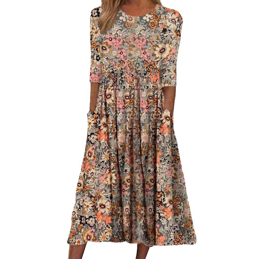 Women's Printed Round Neck Half Sleeve Loose Casual Dresses