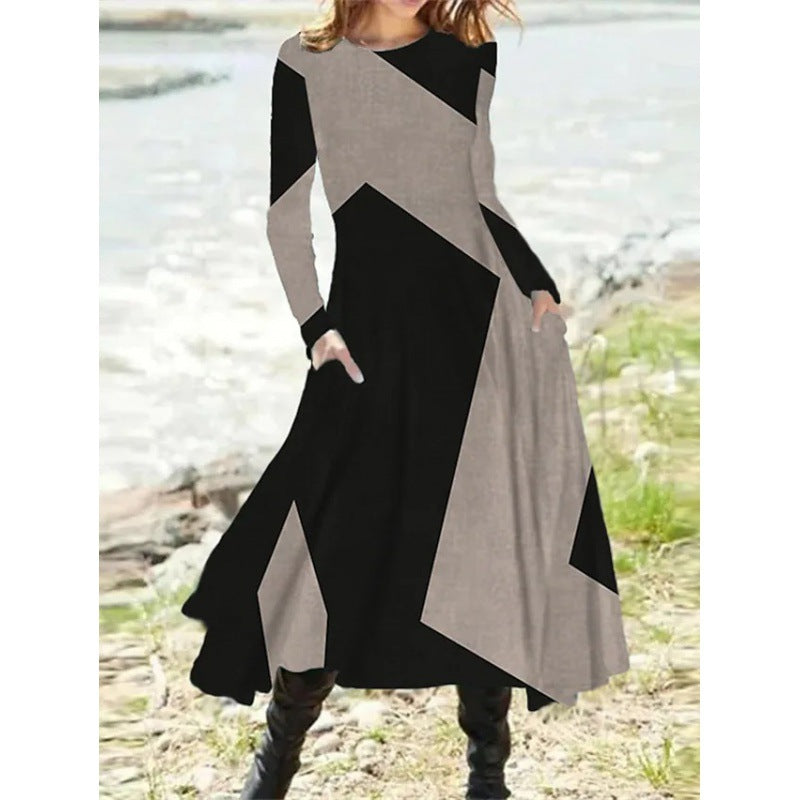 Women's Ethnic Retro Fashion Long Sleeve Oversized Swing Dresses