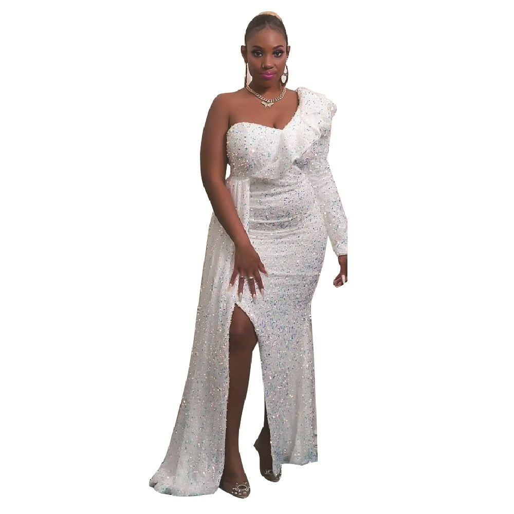 Women's Winter African Dress Fashion One Shoulder Sequin Bridesmaid Dresses