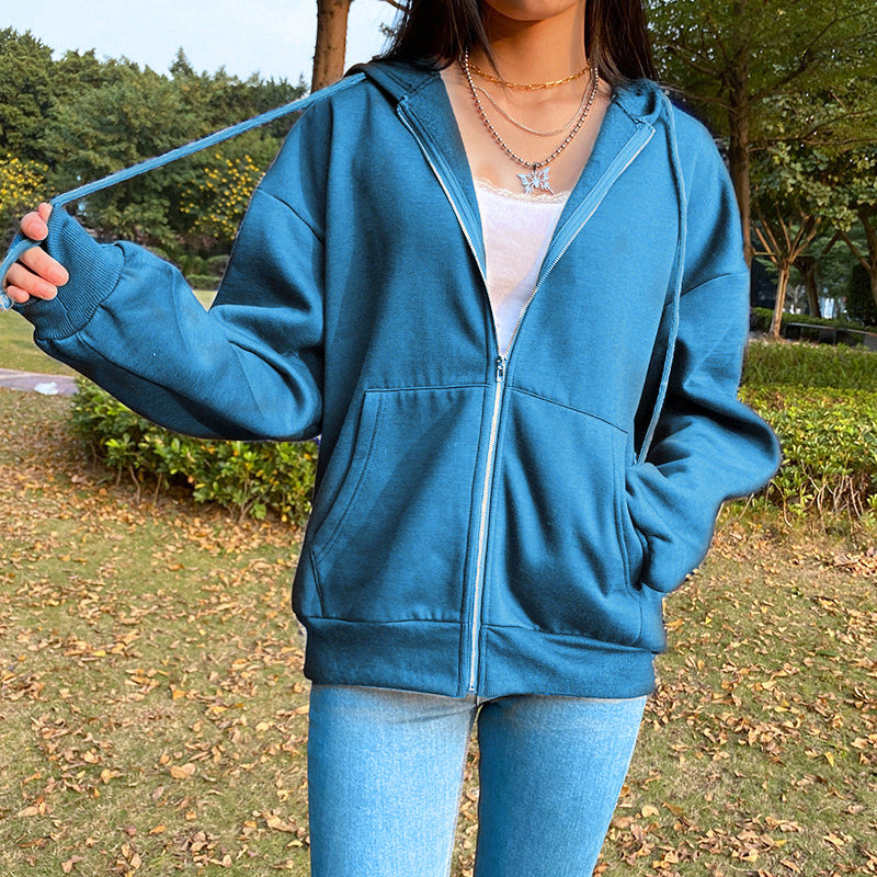 Women's Solid Color Hooded Fleece-lined Long-sleeved Loose Coats