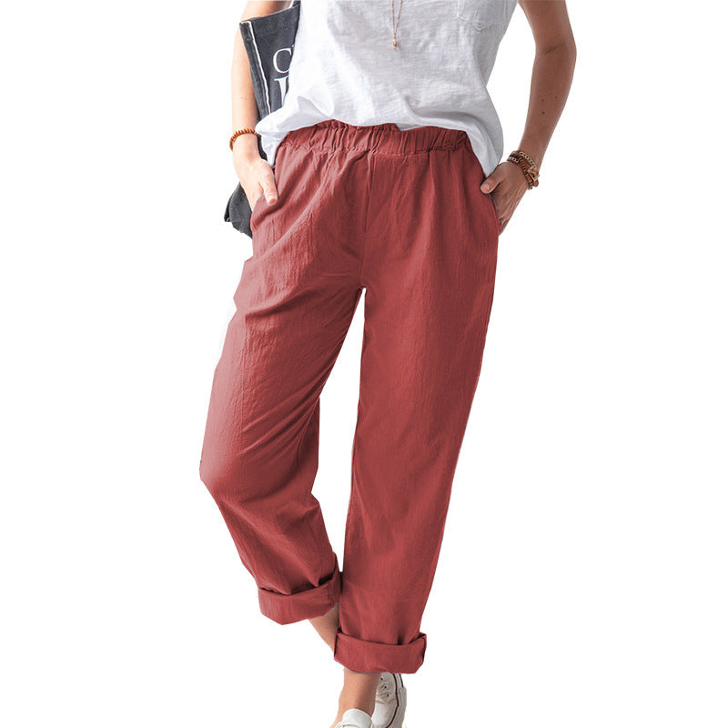 Women's Linen Trousers Solid Color Elastic High Waist Pants