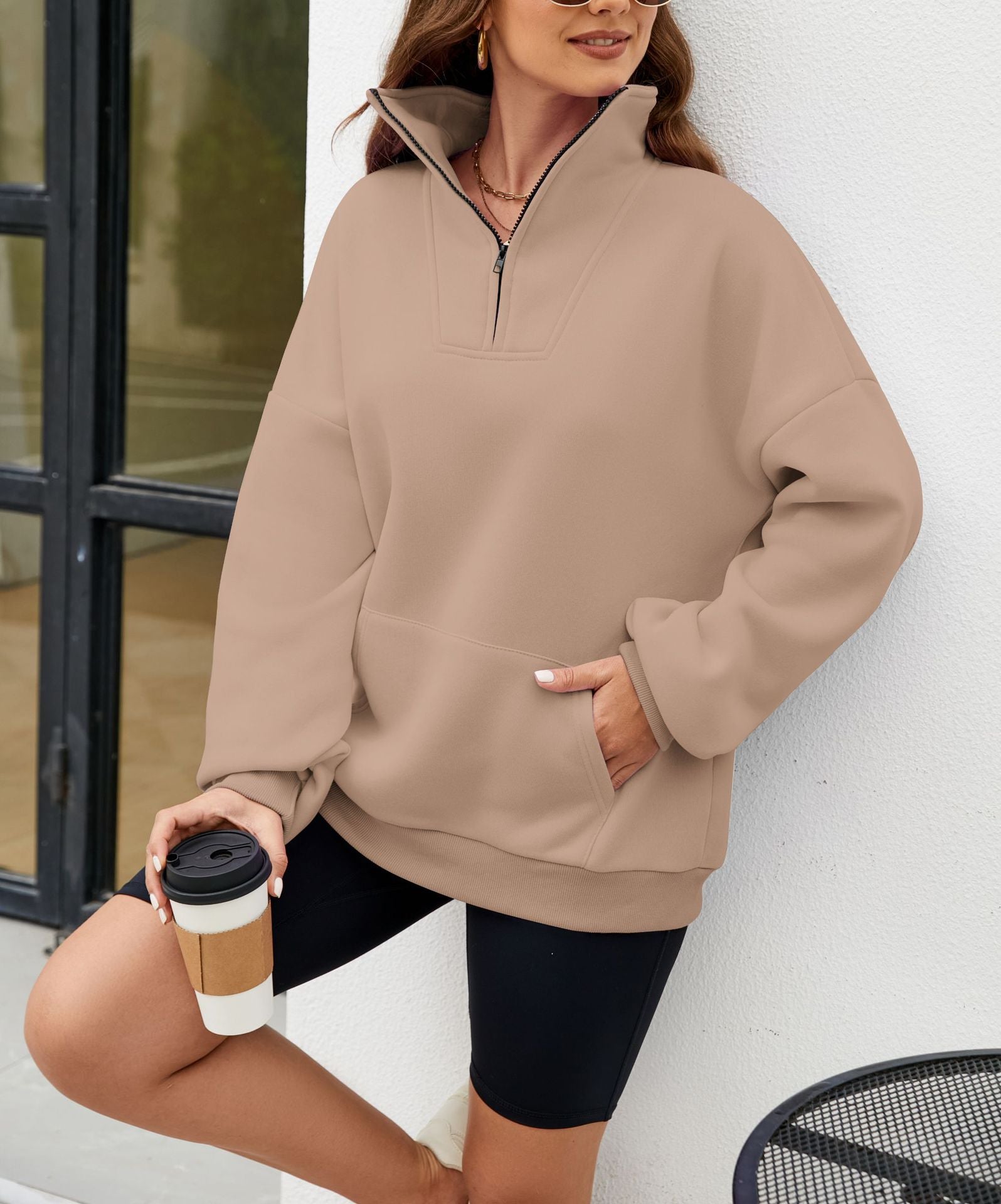 Women's Collar Solid Color Hoodie Pocket Zipper Casual Sweaters