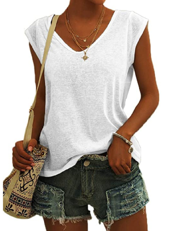 Women's Simple Solid Color V-neck Sleeve Loose Blouses