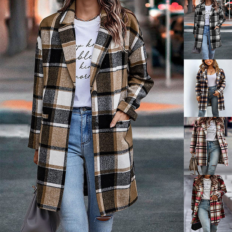 Women's Charming Lapel Pocket Plaid Wool Coats