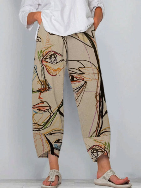 Women's High Waist Gray Printed Stitching Loose Cropped Pants