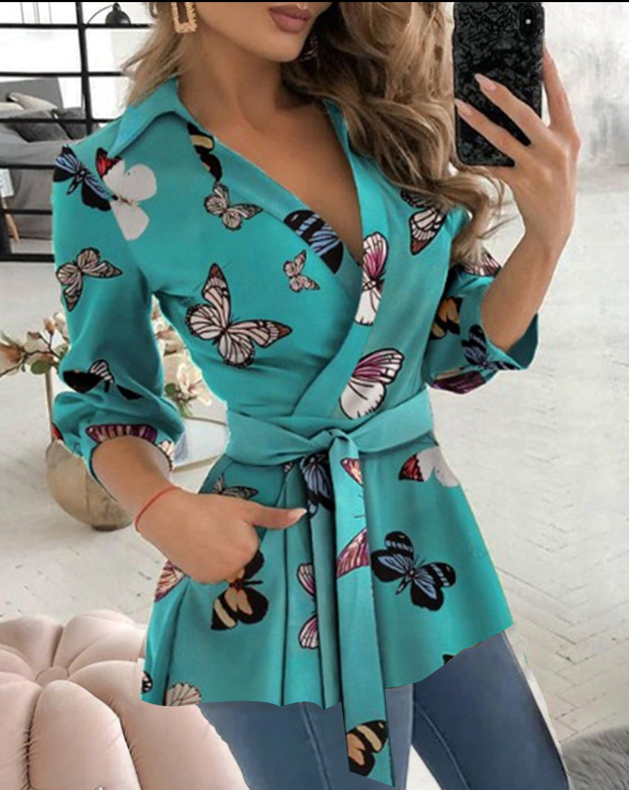 Women's Autumn Print Long Sleeve Belt Shirt Blouses