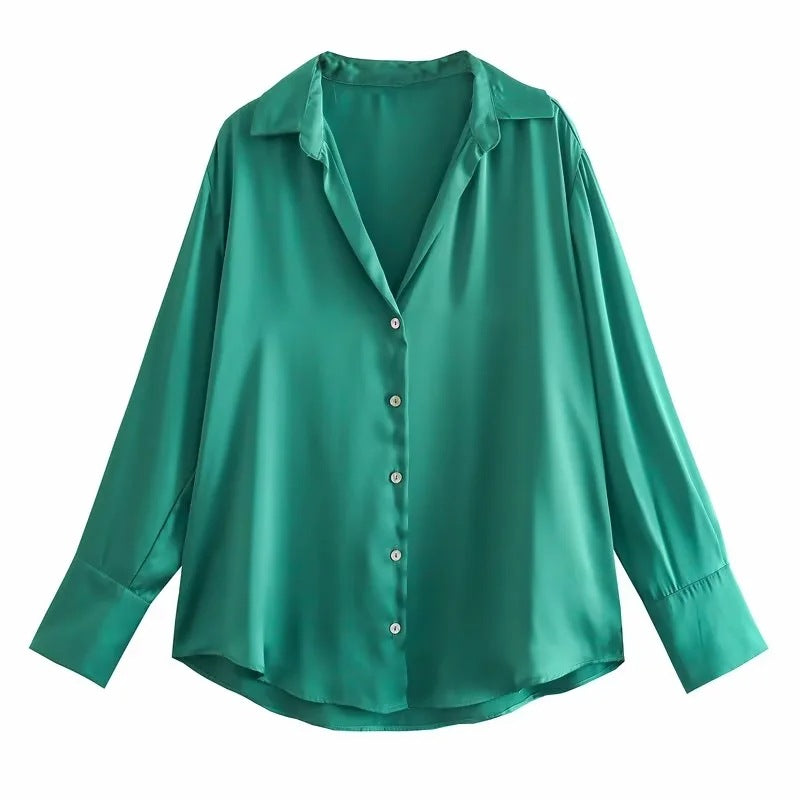 Women's Autumn Silk Satin Texture Draping Long-sleeved Blouses