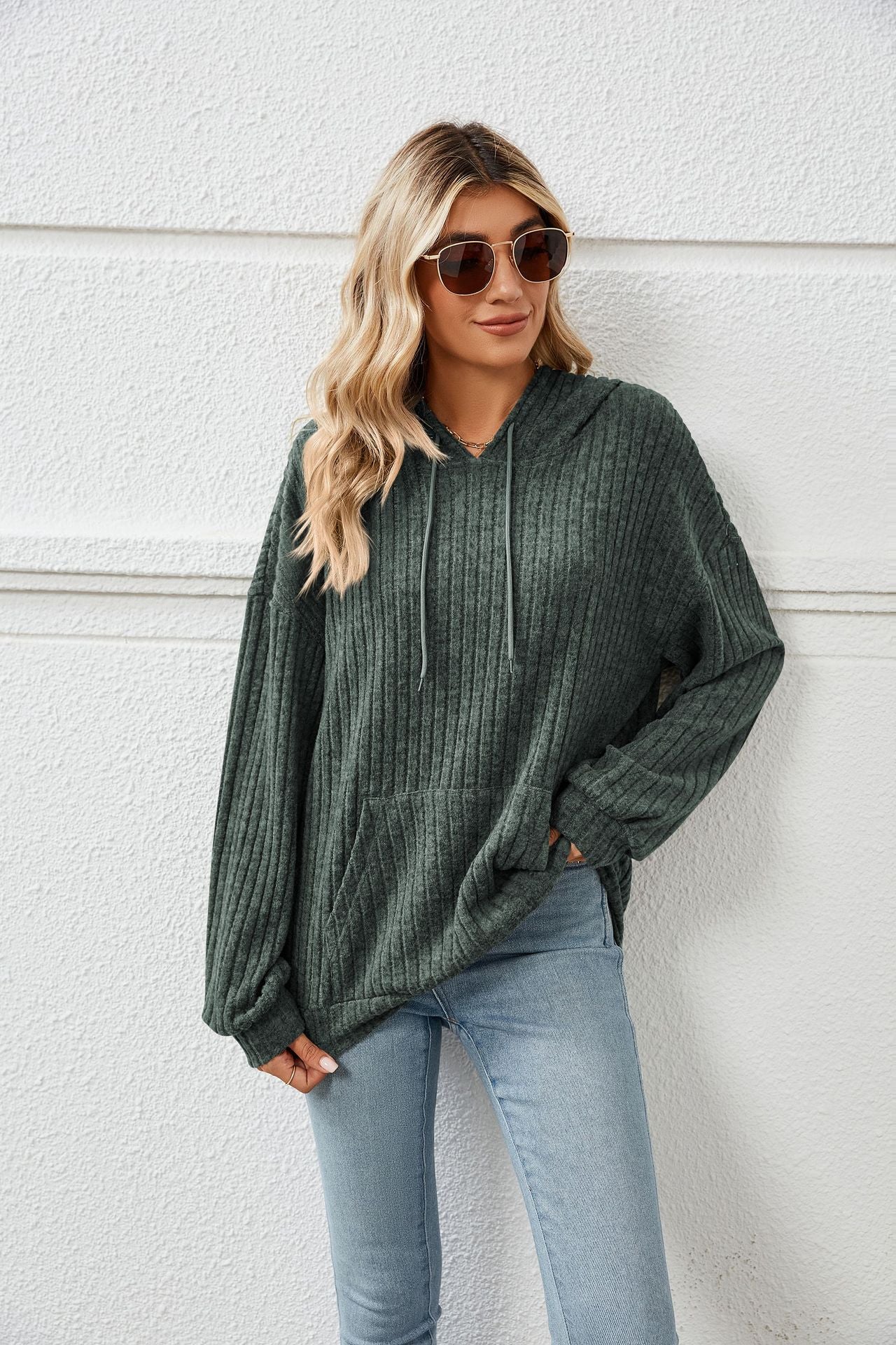 Women's Autumn Hooded Sunken Stripe Kangaroo Pocket Sweaters