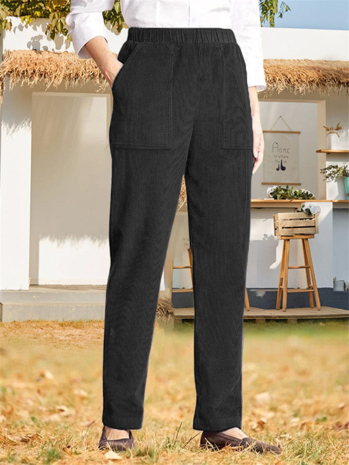 Women's Pure Color Elastic Waist Striped Straight Pants