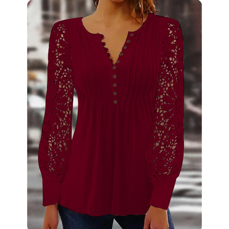 Women's Spring Lace Long Sleeve Pleated Solid Tops