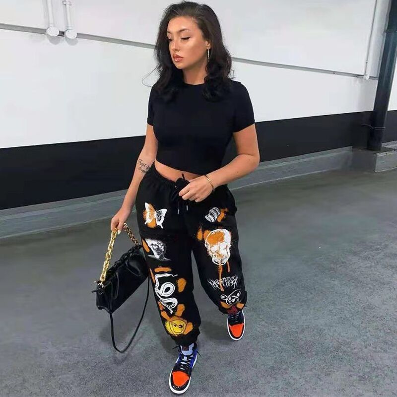 Women's Cartoon Print Jogger Drawstring Street Casual Pants