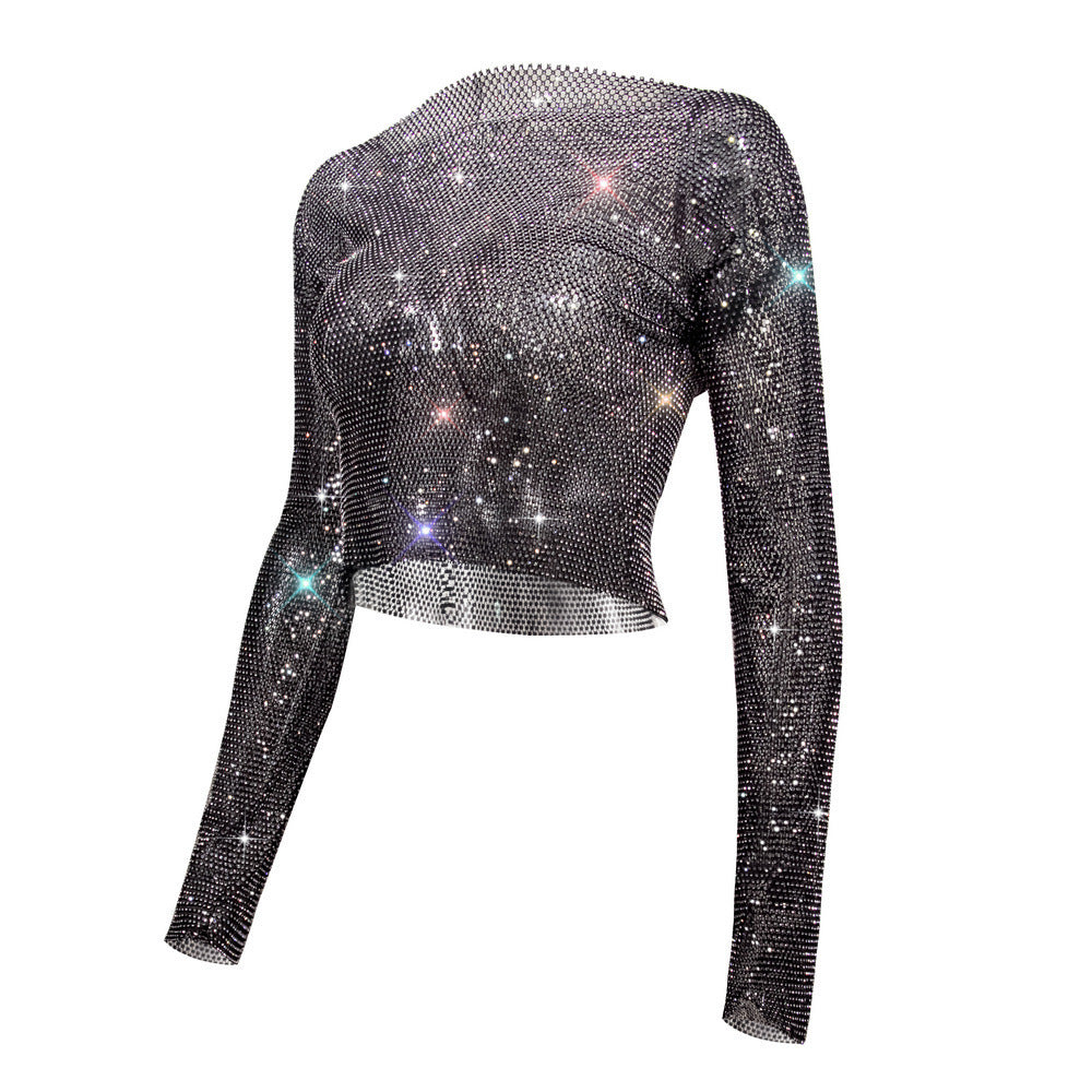 Women's Rhinestone T-shirt Mesh Long Sleeve Cool Blouses