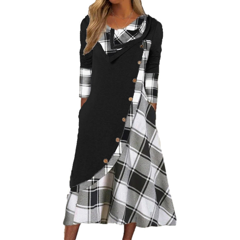 Women's Printed Stitching Button Strip Pocket Heap Dresses