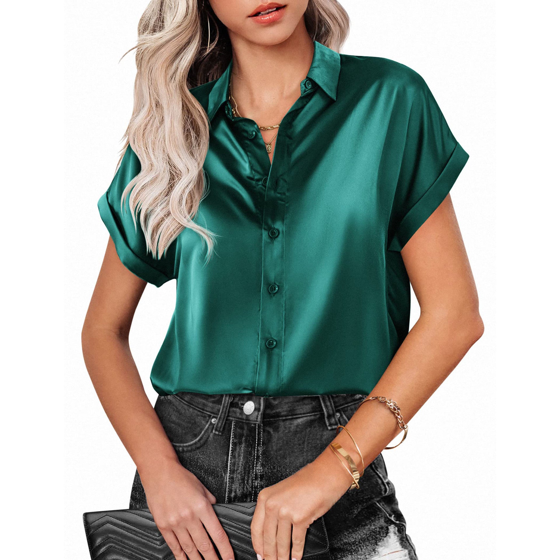 Women's Solid Color Satin Sleeve Button Shoulder Blouses