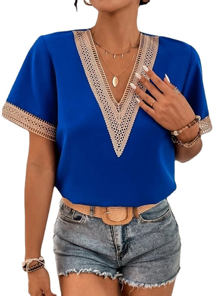 Women's V-neck Lace Casual Solid Color Shirt Blouses