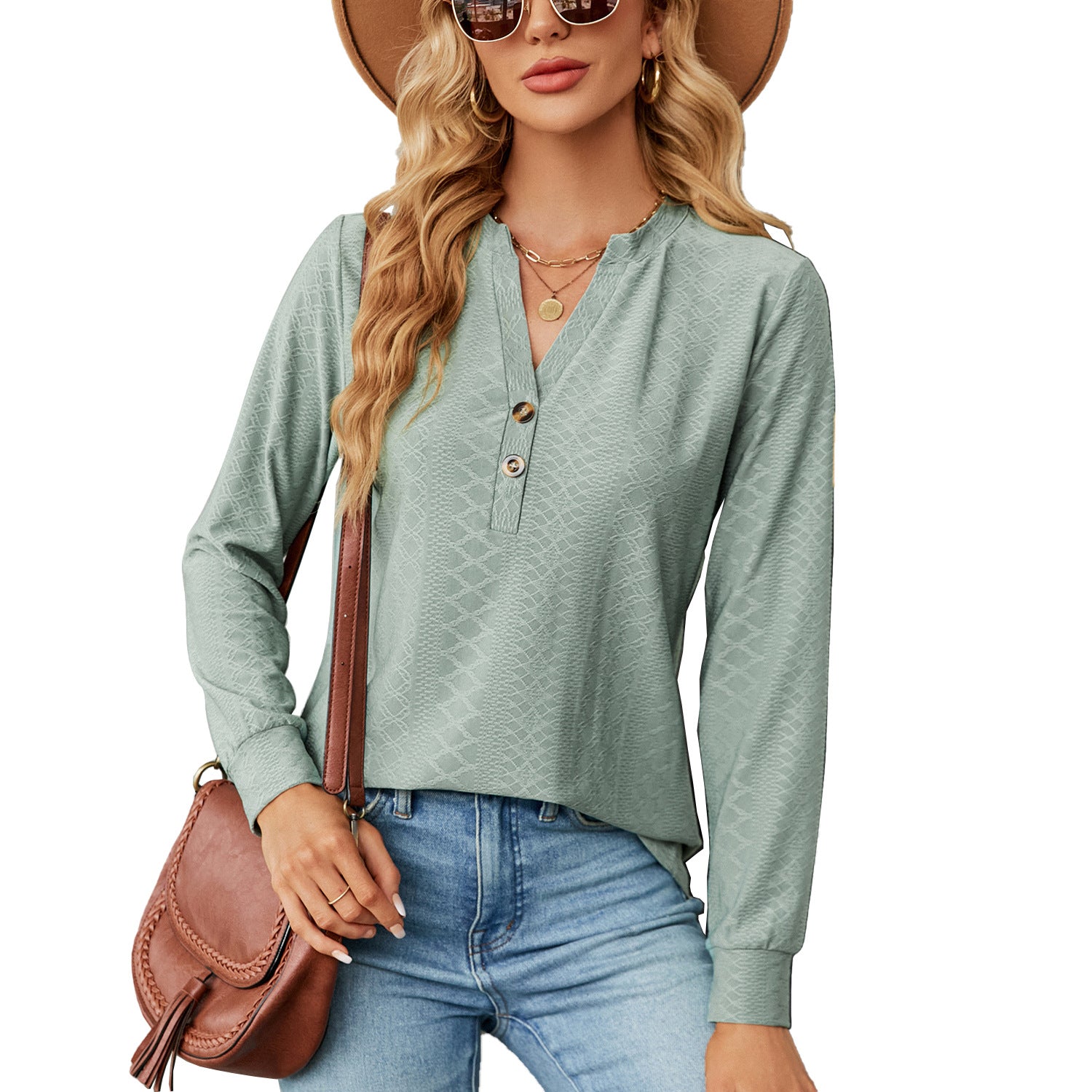 Women's And Button Jacquard Loose-fitting Long Sleeve Blouses