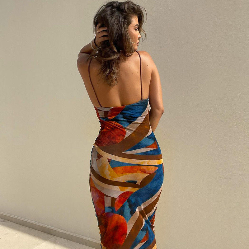 Women's Floral Print Slit Backless Tube Slim Dresses