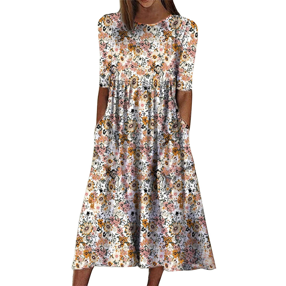 Women's Printed Round Neck Half Sleeve Loose Casual Dresses