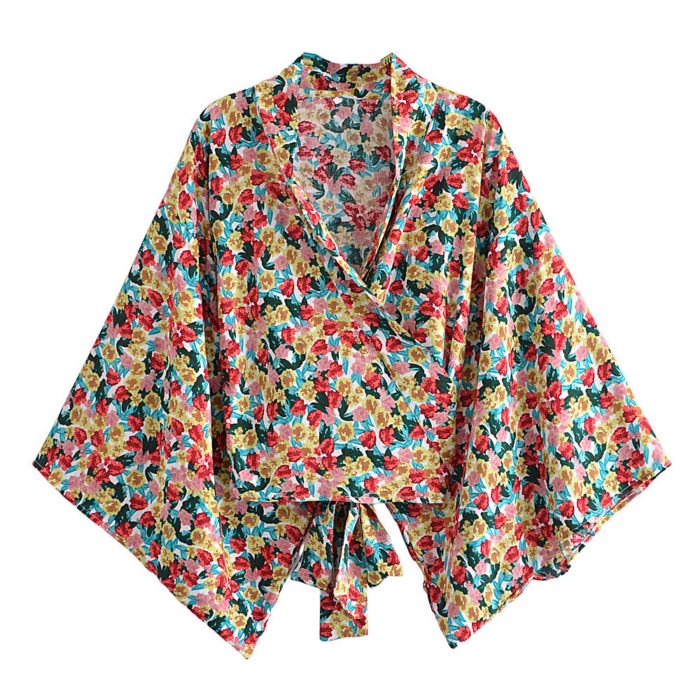 Fashion Print Collar Batwing Sleeve Bohemian Blouses