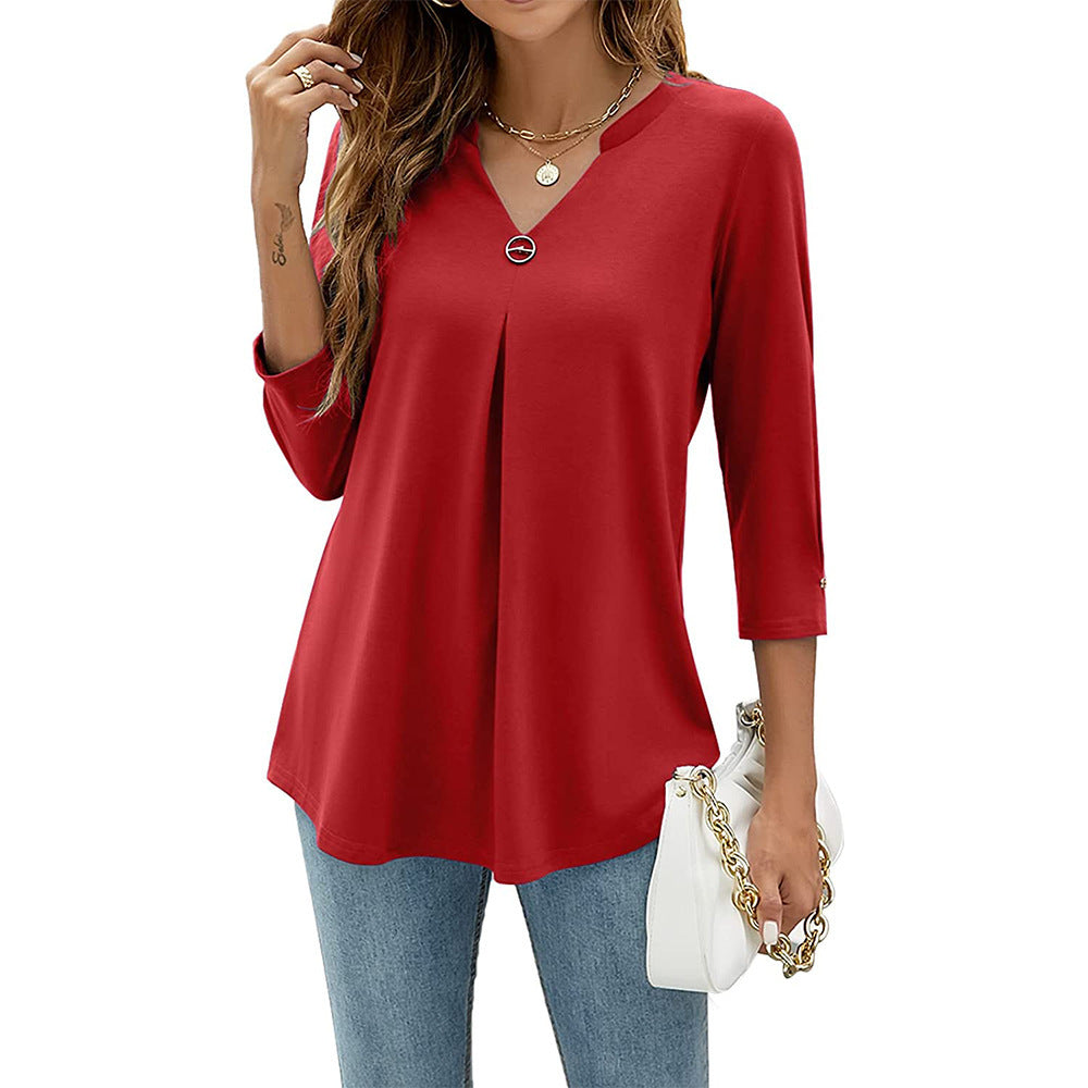 Women's Sleeve Solid Color Clinch Pleated T-shirt Tops