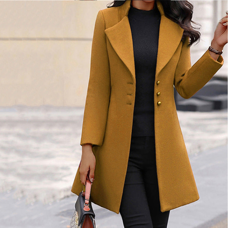 Women's Mid-length Lapel Slimming Solid Color Woolen Coats