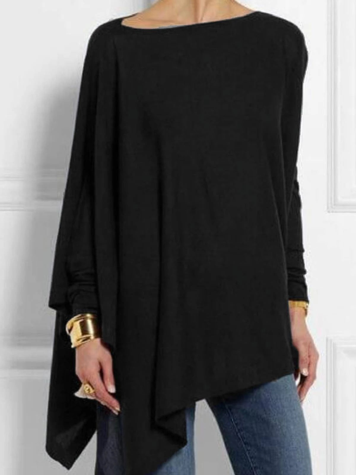 Long Sleeve Irregular Solid Color Pullover T-shirt Casual Tops