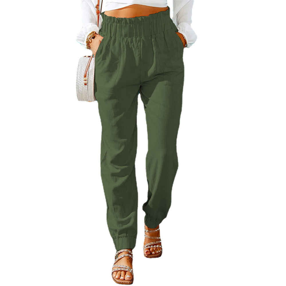 Women's Spring Ruffled Elastic Waist Belt High-waisted Pants