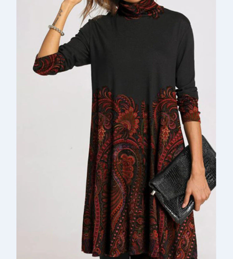 Women's Fashion Printed Collar Long Sleeves Loose Dresses